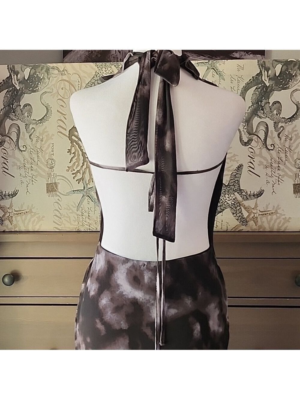 PUBLIC DESIRE, FRILL, DEEP PLUNGE, PRINTED MESH MIDAXI HALTER DRESS SIZE 12 - Picture 3 of 8